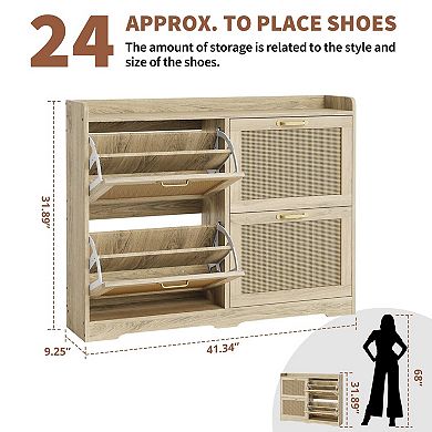 Rattan Shoe Cabinet with 4 Flip Drawers Breathable Hidden Shoe Storage for Entryway