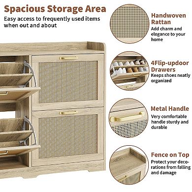 Rattan Shoe Cabinet with 4 Flip Drawers Breathable Hidden Shoe Storage for Entryway