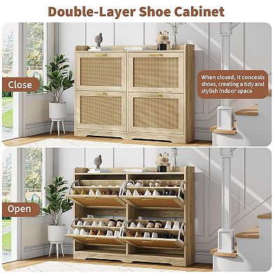 Rattan Shoe Cabinet with 4 Flip Drawers Breathable Hidden Shoe Storage for Entryway