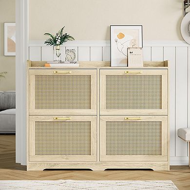 Rattan Shoe Cabinet with 4 Flip Drawers Breathable Hidden Shoe Storage for Entryway