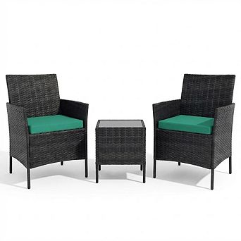 3 pc Patio Bistro Set, Outdoor PE Rattan Wicker Furniture Set w/2 Chairs& Glass Top Coffee Table