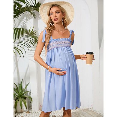 Women's Maternity Tie-Strap Square Neck Dress with Embroidered Smocked Bodice