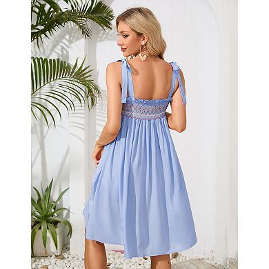 Women's Maternity Tie-Strap Square Neck Dress with Embroidered Smocked Bodice