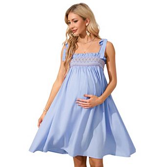 Women's Maternity Tie-Strap Square Neck Dress with Embroidered Smocked Bodice