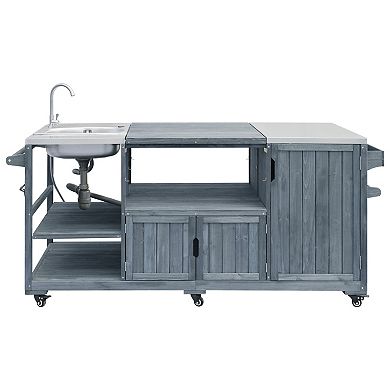 Solid Wood Outdoor Kitchen Island with Sink & Stainless Steel Top