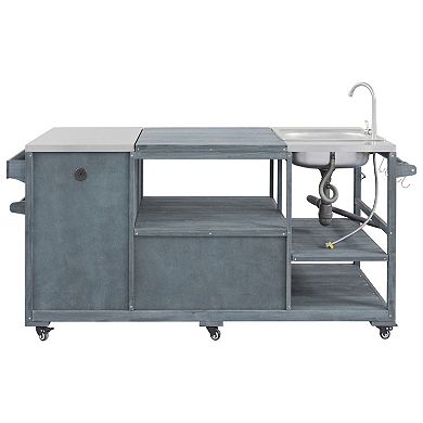 Solid Wood Outdoor Kitchen Island with Sink & Stainless Steel Top