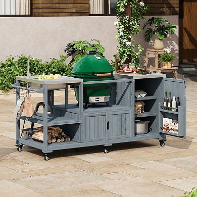 Solid Wood Outdoor Kitchen Island with Sink & Stainless Steel Top