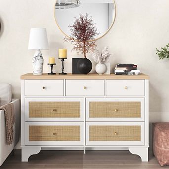 47.3 in Wide Wood Chest of Drawers with Natural Rattan Drawers, Drawer Organizer with Sturdy Base