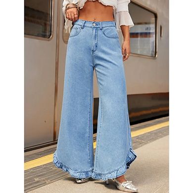 Women's Wide Leg Jeans High Waist Versatile Solid Color Ruffle Pant