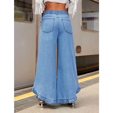 Women's Wide Leg Jeans High Waist Versatile Solid Color Ruffle Pant