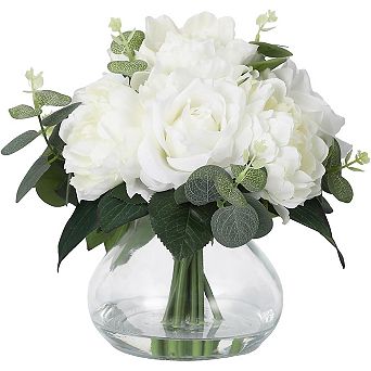 Lifelike 4 Roses + 4 Peonies in Glass Vase with Faux Water, Artificial Flower Arrangements for Home