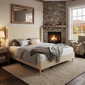 Wingback Velvet Platform Bed with LED Lights, Storage Bookcase Headboard, Wooden Slats Support