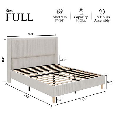 Wingback Velvet Platform Bed with LED Lights, Storage Bookcase Headboard, Wooden Slats Support