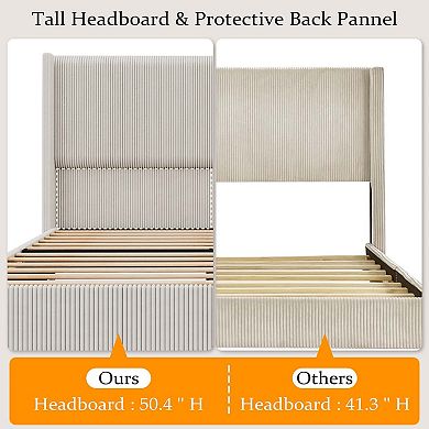 Wingback Velvet Platform Bed with LED Lights, Storage Bookcase Headboard, Wooden Slats Support