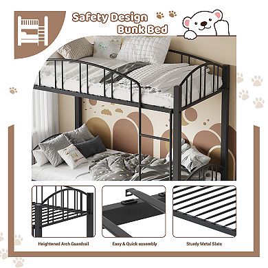 Twin Over Twin Size Metal Bunk Bed With Arched Guardrail and Safety Ladder,Heavy Duty Bunkbeds Frame