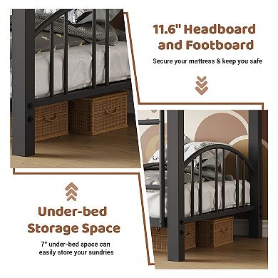 Twin Over Twin Size Metal Bunk Bed With Arched Guardrail and Safety Ladder,Heavy Duty Bunkbeds Frame