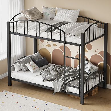 Twin Over Twin Size Metal Bunk Bed With Arched Guardrail and Safety Ladder,Heavy Duty Bunkbeds Frame
