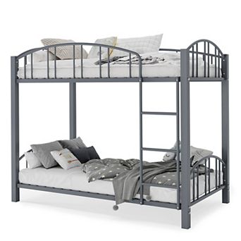 Twin Over Twin Size Metal Bunk Bed With Arched Guardrail and Safety Ladder,Heavy Duty Bunkbeds Frame