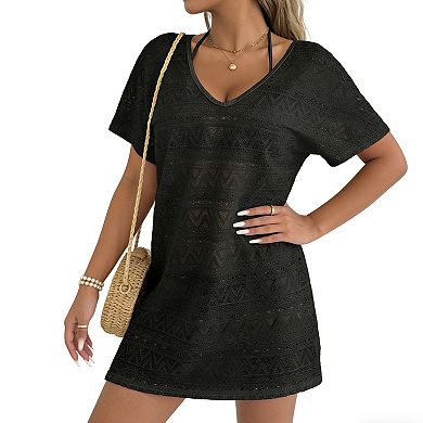 Women's Crochet Beach Cover Up - Openwork Knit V-Neck Short Sleeve Tunic with Back Tie & Side Slit