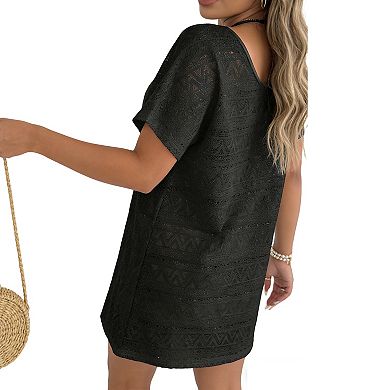 Women's Crochet Beach Cover Up - Openwork Knit V-Neck Short Sleeve Tunic with Back Tie & Side Slit