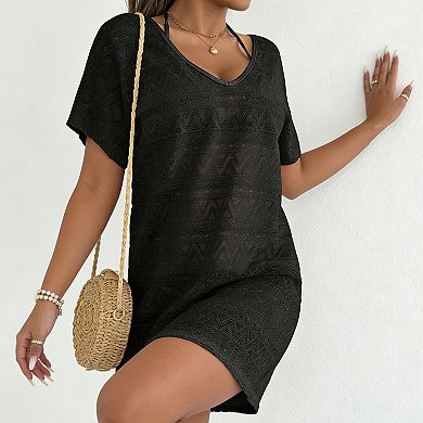 Women's Crochet Beach Cover Up - Openwork Knit V-Neck Short Sleeve Tunic with Back Tie & Side Slit