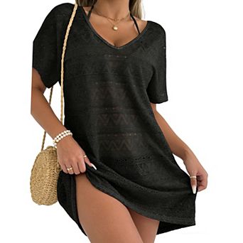 Women's Crochet Beach Cover Up - Openwork Knit V-Neck Short Sleeve Tunic with Back Tie & Side Slit