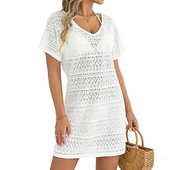 Women's Crochet Beach Cover Up - Openwork Knit V-Neck Short Sleeve Tunic with Back Tie & Side Slit
