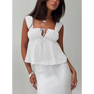 Women's Square Neck Sleeveless Tie Front Strap Vest Tank Tops Casual Solid Color Crop Top