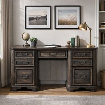 59" Farmhouse Executive Desk with Drawers & File Cabinet, Home Office Desk with Charging Station