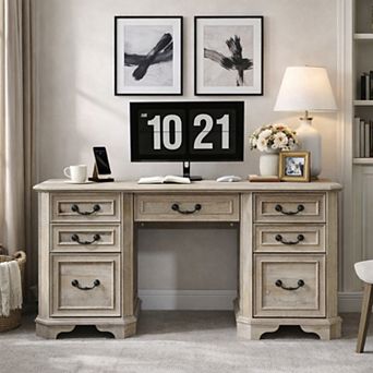 59" Farmhouse Executive Desk with Drawers & File Cabinet, Home Office Desk with Charging Station
