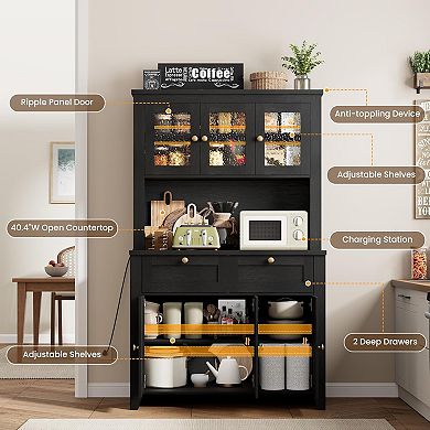 Pantry Cabinet with Charging Station, Kitchen Hutch with Storage Drawers and Adjustable Shelves
