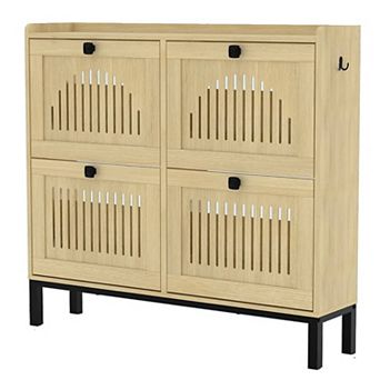 4-Door Flip Shoe Cabinet with Adjustable Shelves Hidden Entryway Storage Organizer Wooden Shoe Rack