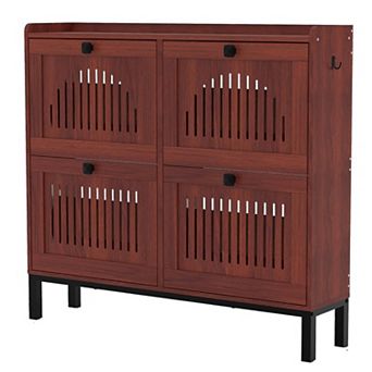 4-Door Flip Shoe Cabinet with Adjustable Shelves Hidden Entryway Storage Organizer Wooden Shoe Rack