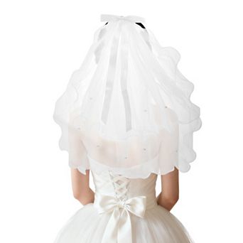 Double Layer Rolled Edge Bow Pearl Hair Clip Wedding Veil White 1 pc