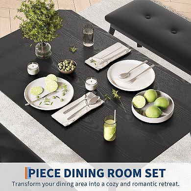 3-Piece Retro Dining SetSpace-Saving Table & 2 Upholstered Benches for 4