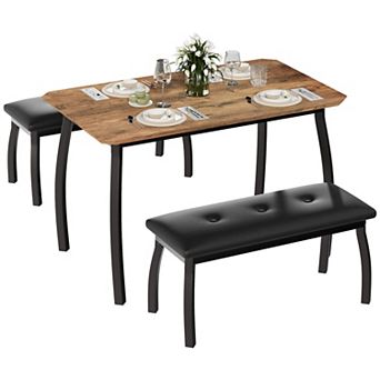 3 pc Retro Dining SetSpace-Saving Table & 2 Upholstered Benches for 4