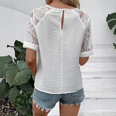 Women's Lace Short Sleeve Tee Shirt Casual Solid Color Pullover Top