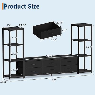 Danolapsi Modern Industrial Dresser TV Stand for 75 Inch TV 6 Fabric  Drawers 4-Tier Storage Shelves