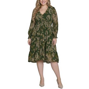 Plus Size Long Sleeve Clip Dot Chiffon Dress With Smocked Waist and Cuffs