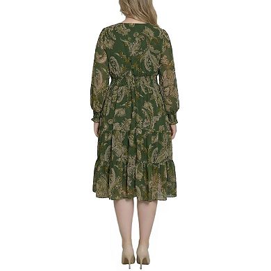 Plus Size Long Sleeve Clip Dot Chiffon Dress With Smocked Waist and Cuffs