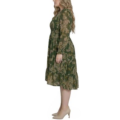 Plus Size Long Sleeve Clip Dot Chiffon Dress With Smocked Waist and Cuffs