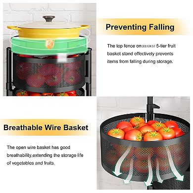 Rotating 5-Tier Wire Fruit Veggie Basket Cart with Wheels
