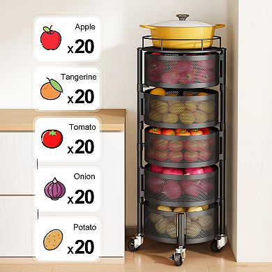 Rotating 5-Tier Wire Fruit Veggie Basket Cart with Wheels
