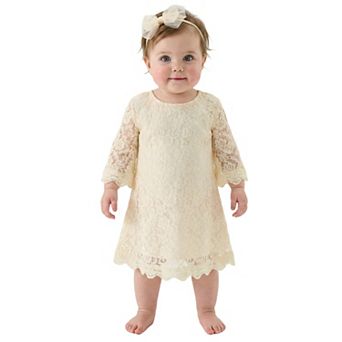 2Bunnies Baby Girls' 12m-18m Boho Rustic Vintage Lace Scalloped Hem 3/4 Sleeve Shift Dress