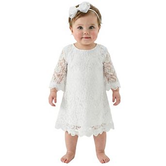 2Bunnies Baby Girls' 12m-18m Boho Rustic Vintage Lace Scalloped Hem 3/4 Sleeve Shift Dress
