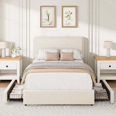 Teddy Fleece Bed Frame, Cloud Cream Bed Frame with 2 Storage Drawer and Adjustable Headboard