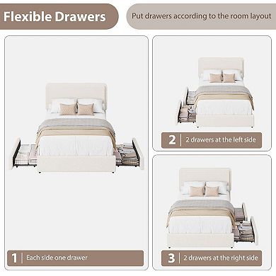 Teddy Fleece Bed Frame, Cloud Cream Bed Frame with 2 Storage Drawer and Adjustable Headboard