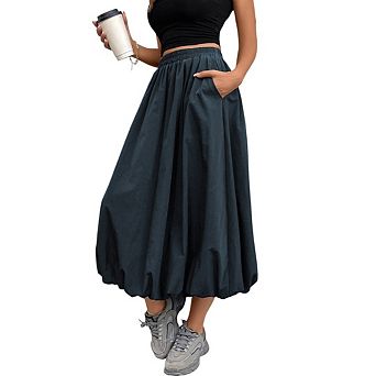 Women's Loose Peplum Elastic Waist Skirt A Line Pleated Ruffle Flowy Balloon Maxi Skirt with Pockets