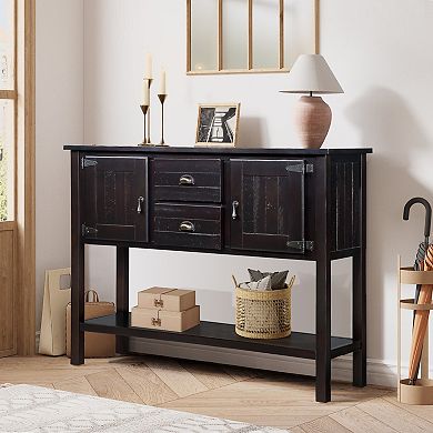 Whisen Solid Wood Console Table with Drawers, Cabinets and Bottom Shelf