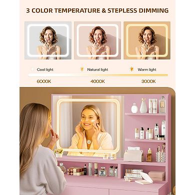 Makeup Vanity Desk: LED Mirror, Storage Drawers, Power Outlet